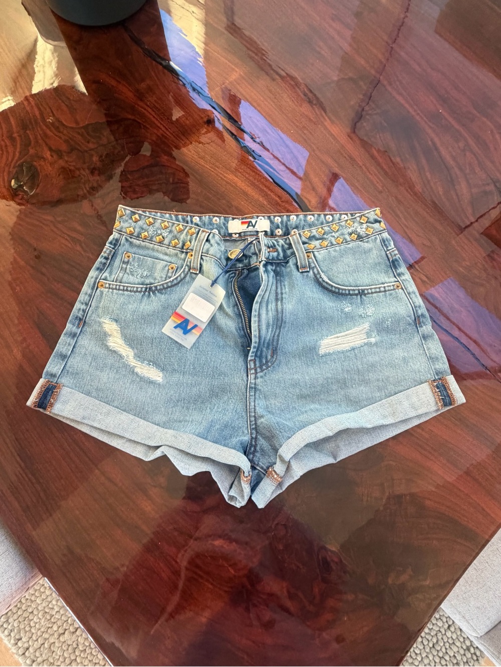 Aviator Nation Light Blue Studded High-Waist Denim Shorts